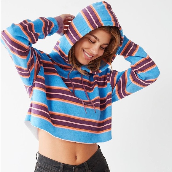URBAN OUTFITTERS OUT FROM UNDER/STRIPED CROPPEDw BLUE BIRDS HOODIE - Picture 7 of 7